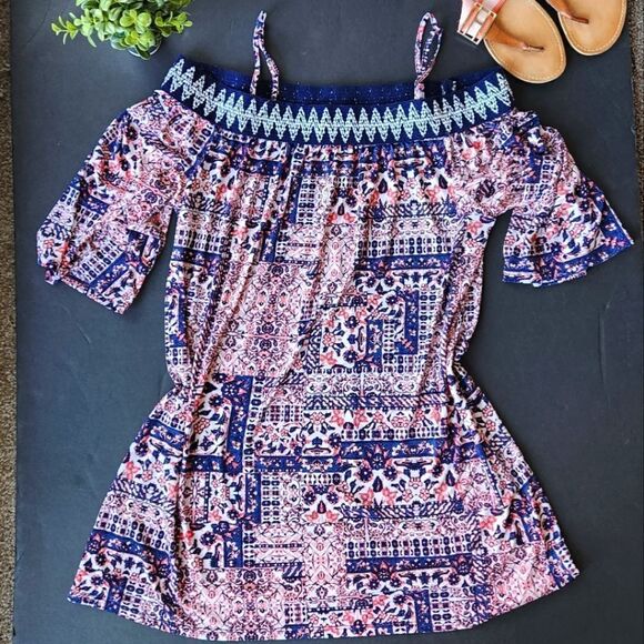 Three Pink Hearts Aztec Print Off Shoulder Dress - Picture 1 of 8